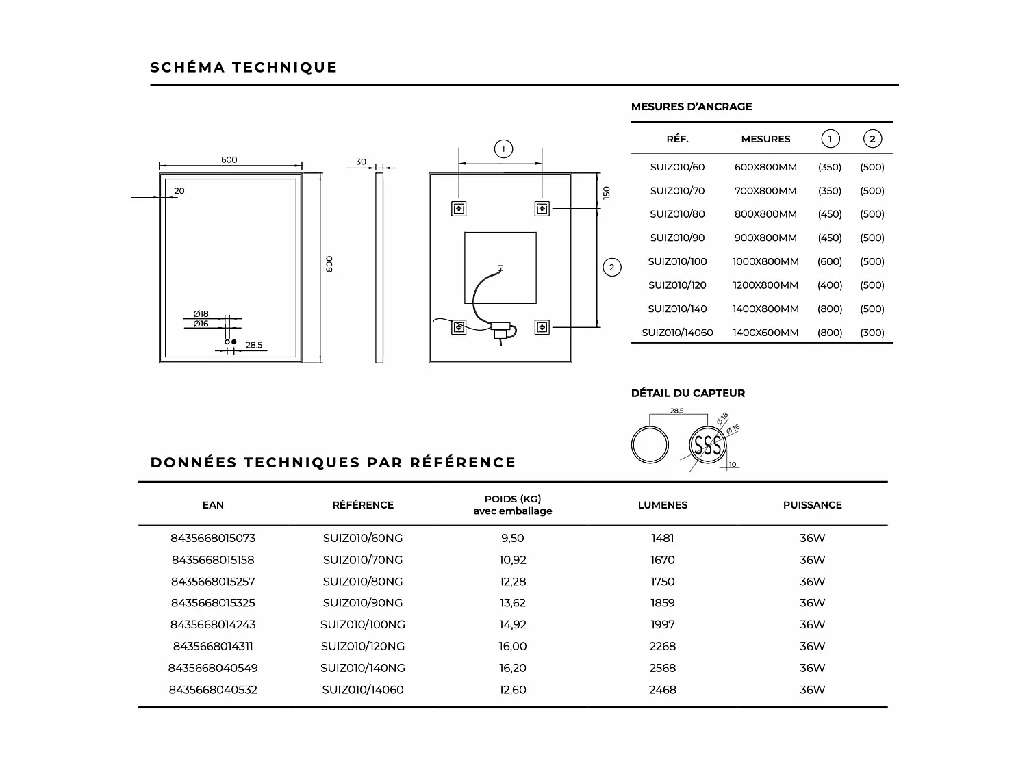 Miroir Salle de Bain SUIZA - 100x80cm - Noir Mat - Led Frontal T° Variable - Tactiles On/Off & Anti-Buée - LEDIMEX