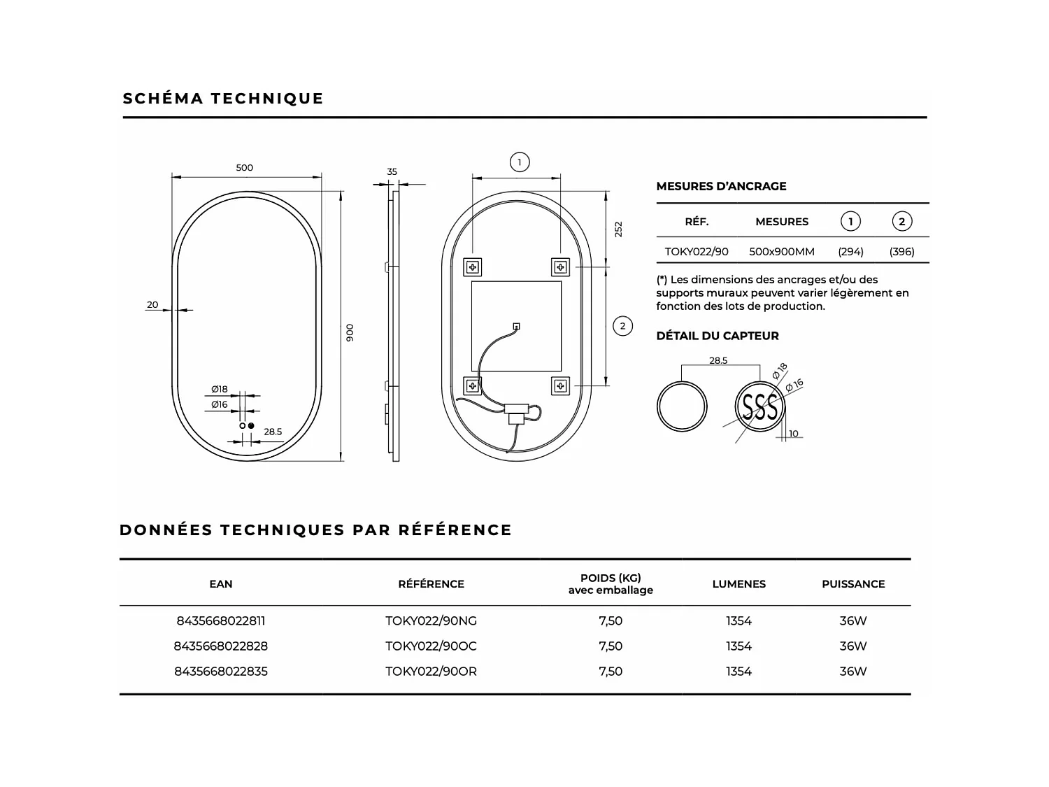 Miroir Salle de Bain TOKYO - 50x90cm - Or Brossé - Led Frontal T° Variable - Tactiles On/Off & Anti-Buée - LEDIMEX