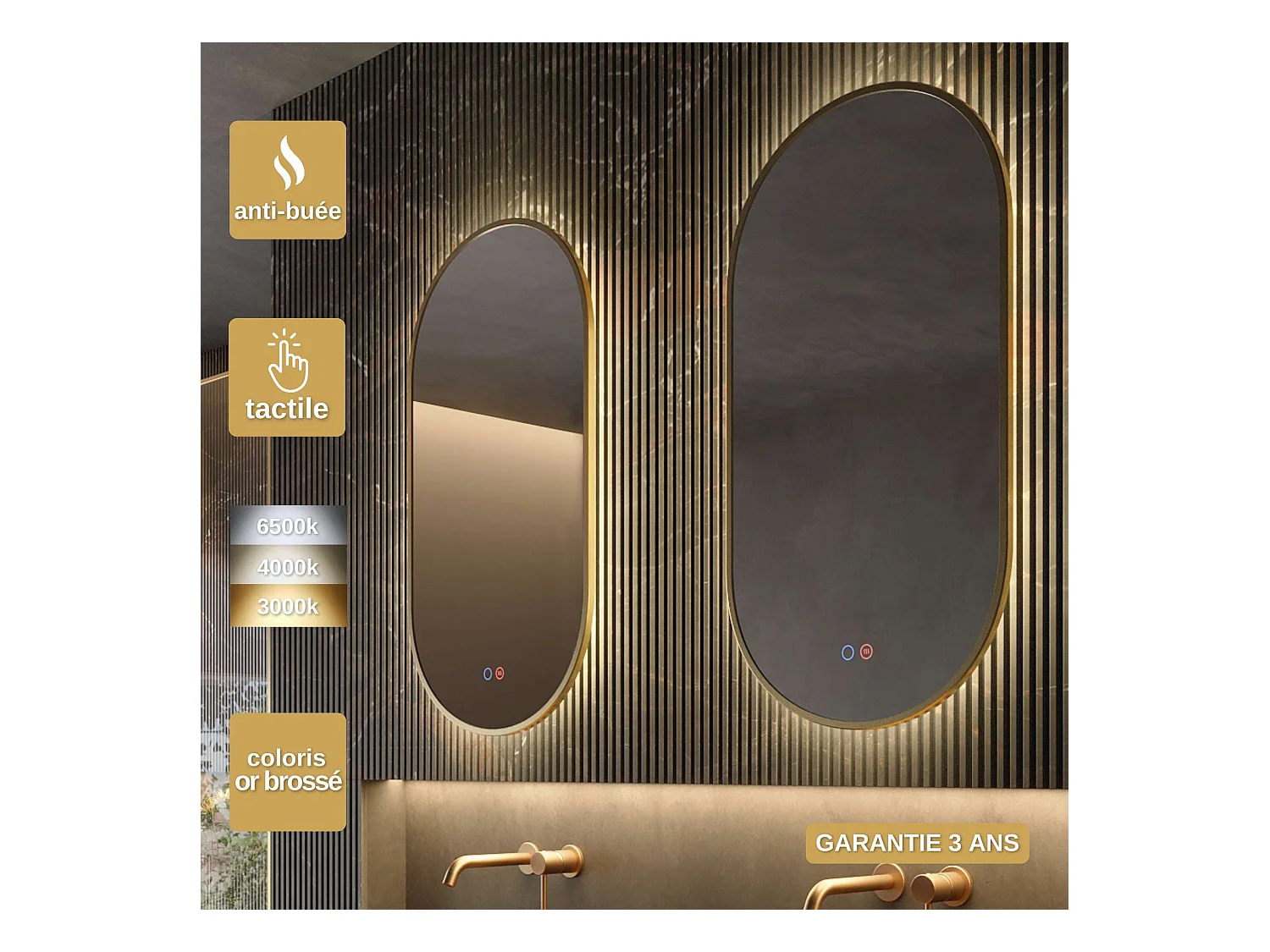 Miroir Salle de Bain TOKYO - 50x90cm - Or Brossé - Led Frontal T° Variable - Tactiles On/Off & Anti-Buée - LEDIMEX