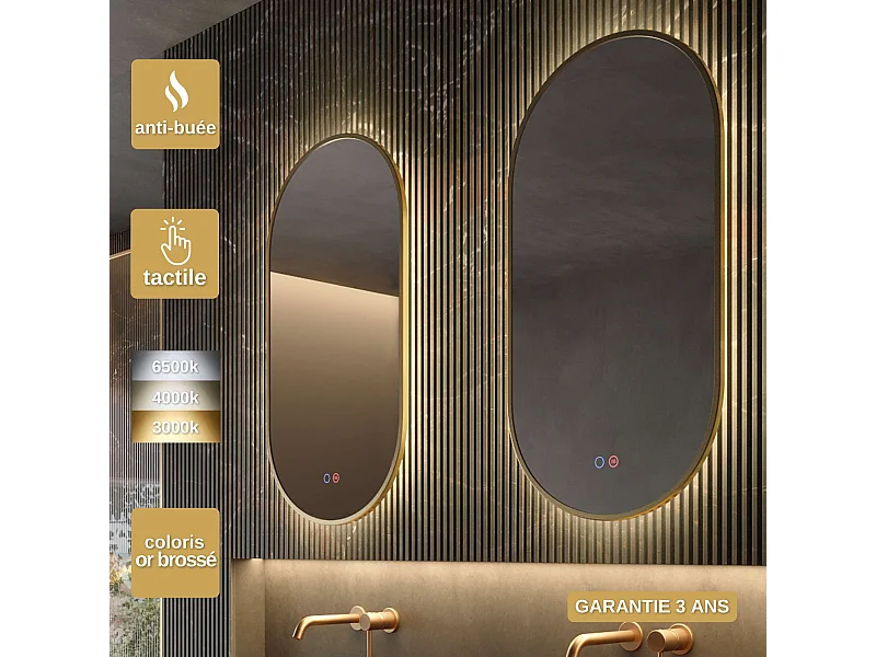 Miroir Salle de Bain TOKYO - 50x90cm - Or Brossé - Led Frontal T° Variable - Tactiles On/Off & Anti-Buée - LEDIMEX