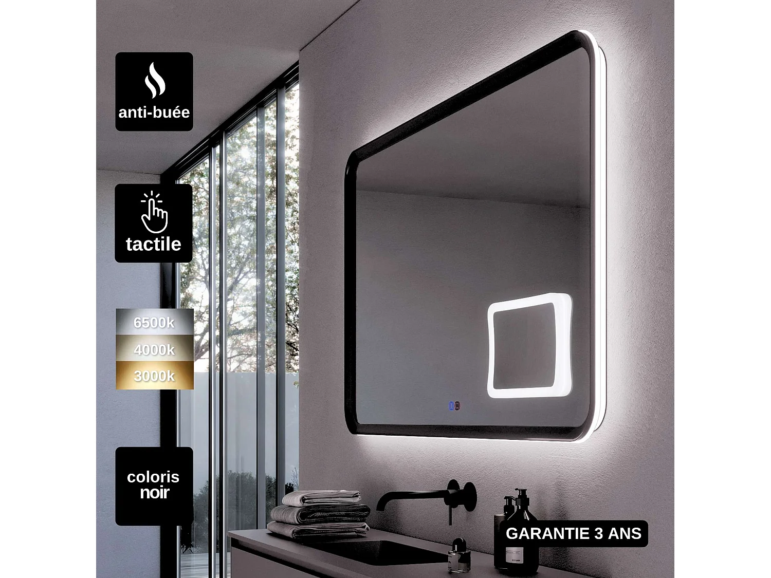 Miroir Led DUOMO Noir 120X80cm - T° Led Variable Rétro-éclairé & Frontal - Tactiles On/Off & Anti-Buée - Zone X3 - LEDIMEX