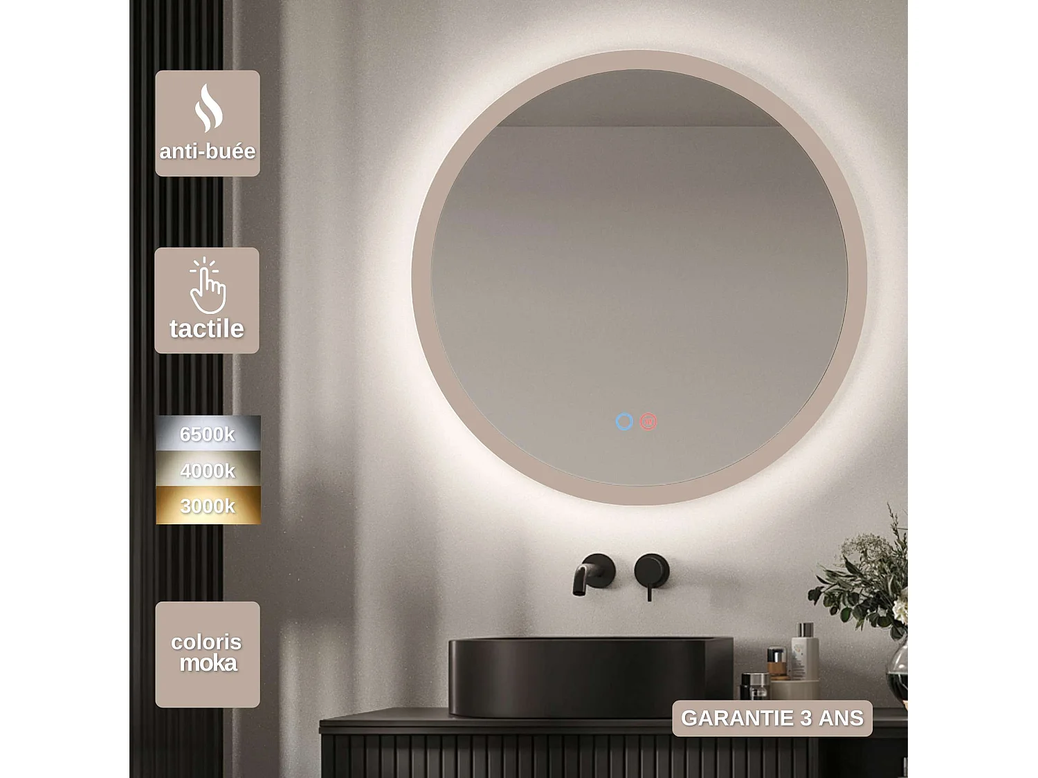 Miroir Salle de Bain TORINO Moka Ø80cm - T° Led Variable Rétro-éclairé & Frontal - Tactiles On/Off & Anti-Buée - LEDIMEX