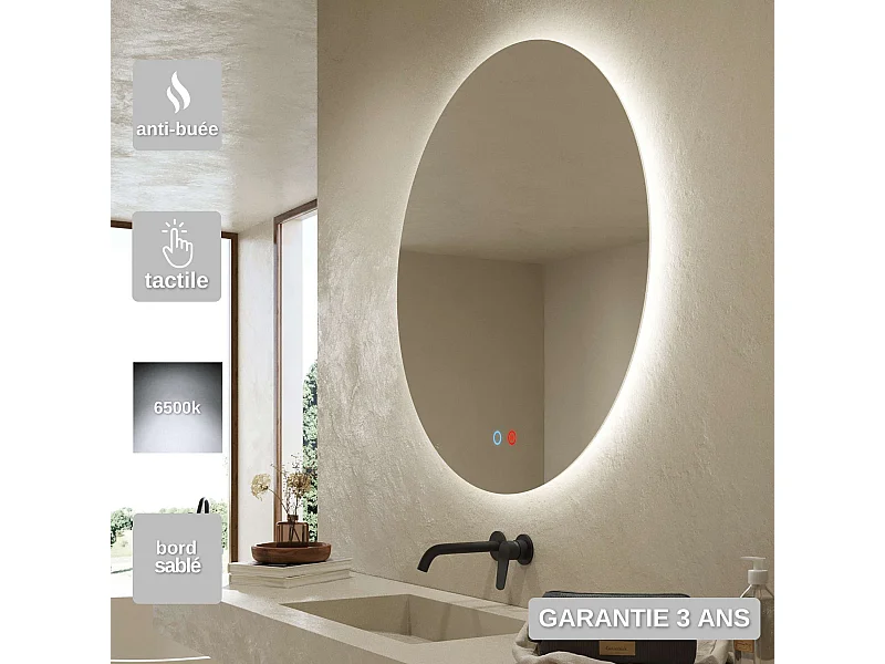 Miroir Salle de Bain LISBOA - Ø80 - Led Rétro-Éclairé (6500K) - Tactiles On/Off & Anti-Buée - LEDIMEX