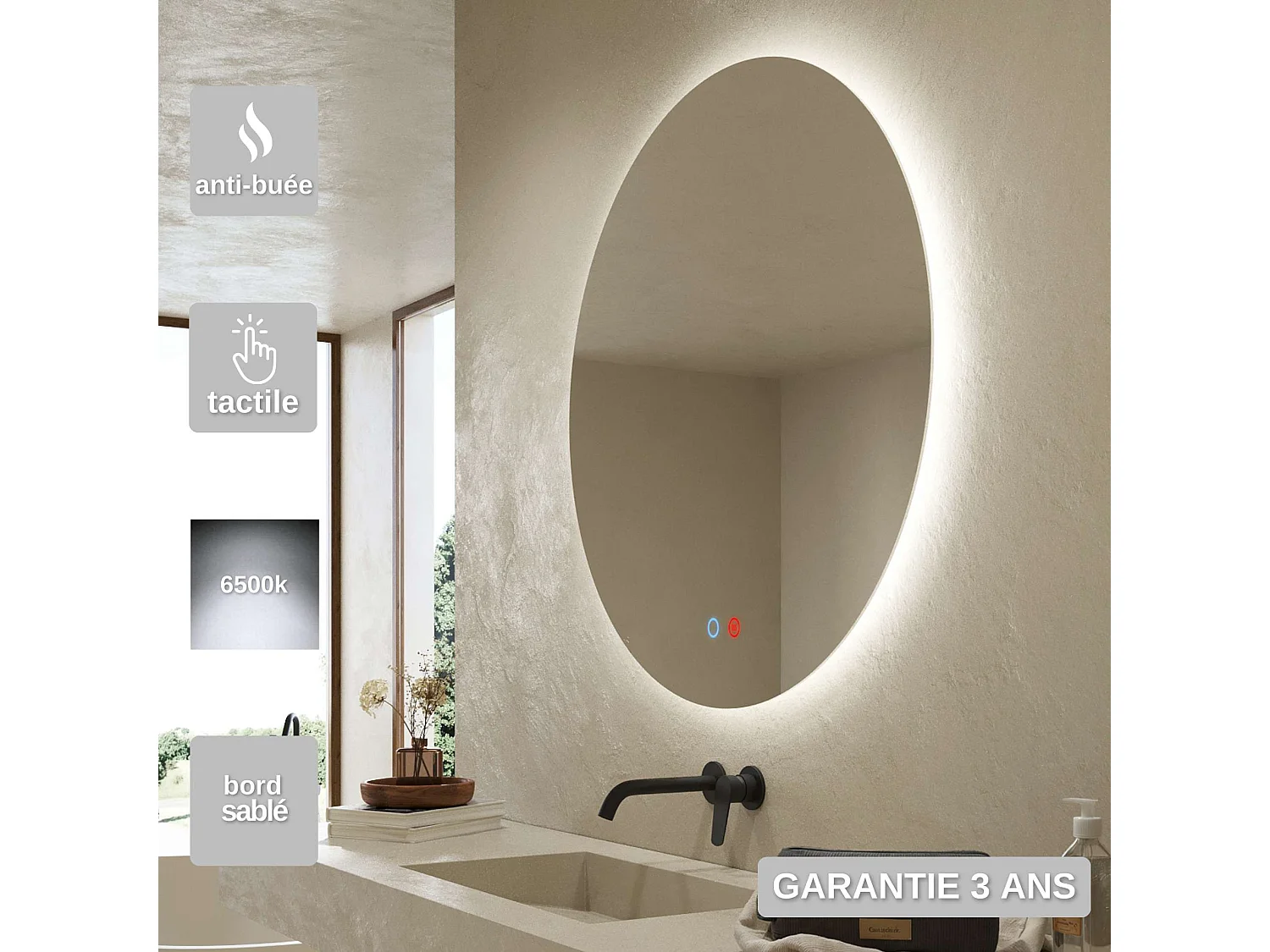 Miroir Salle de Bain LISBOA - Ø80 - Led Rétro-Éclairé (6500K) - Tactiles On/Off & Anti-Buée - LEDIMEX