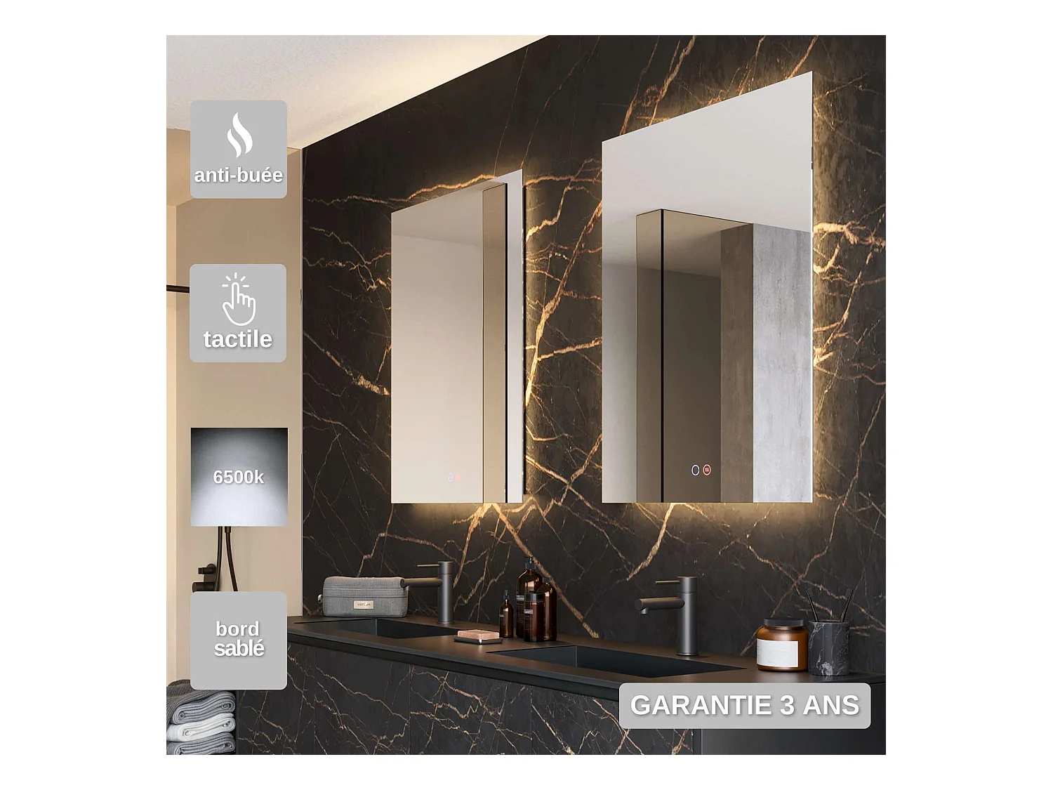 Miroir Salle de Bain ITALIA - 80x80cm - Led Rétro-éclairé (6500K) - Tactiles On/Off & Anti-Buée - LEDIMEX