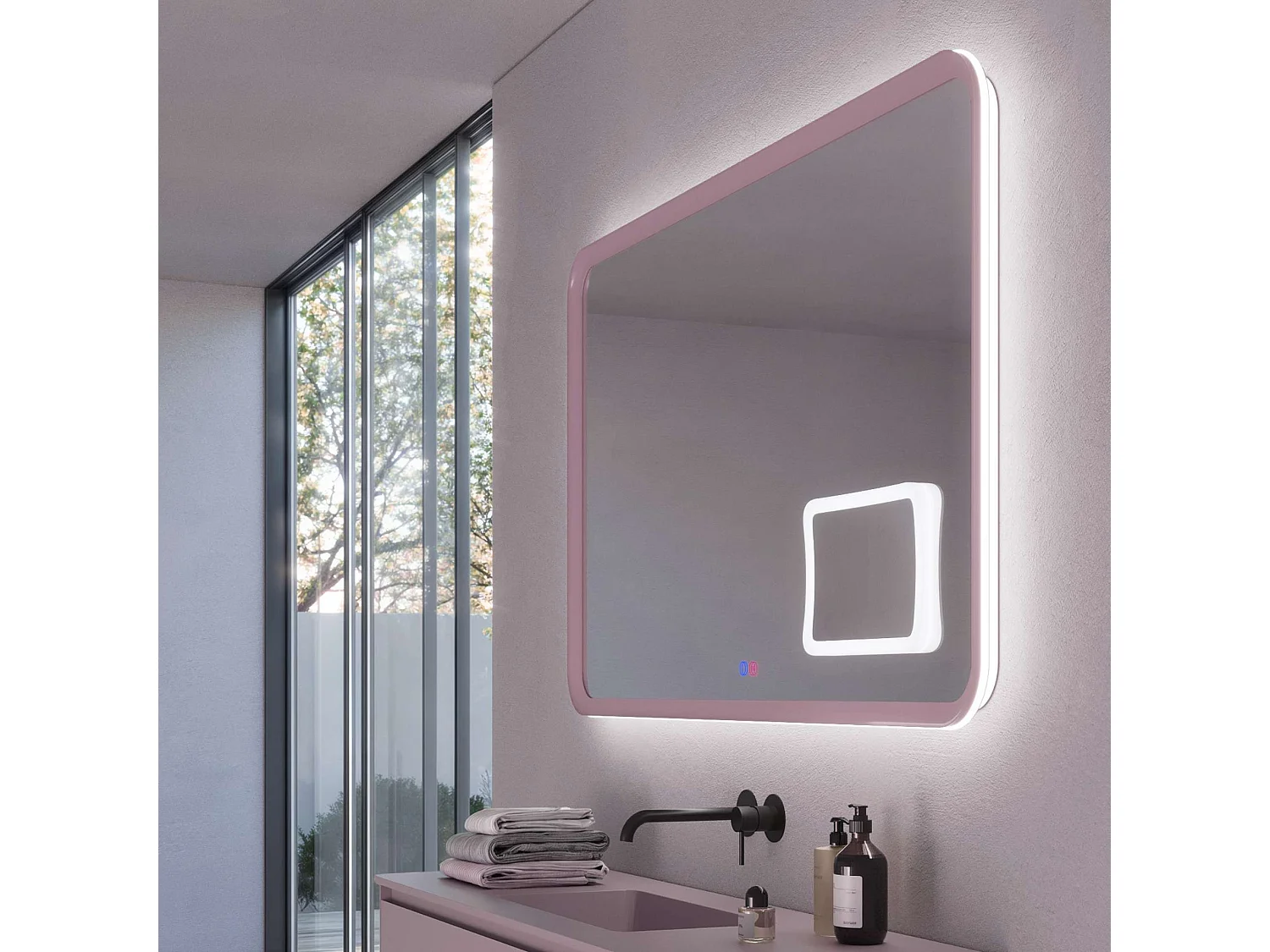 Miroir Led DUOMO Rose 80X80cm - T° Led Variable Rétro-éclairé & Frontal - Tactiles On/Off & Anti-Buée - Zone X3 - LEDIMEX