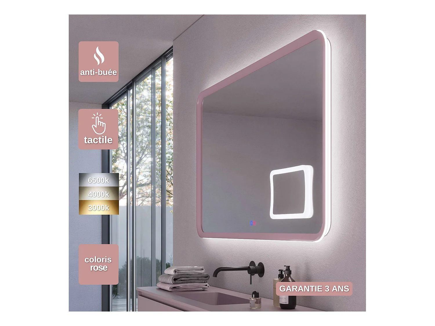Miroir Led DUOMO Rose 80X80cm - T° Led Variable Rétro-éclairé & Frontal - Tactiles On/Off & Anti-Buée - Zone X3 - LEDIMEX