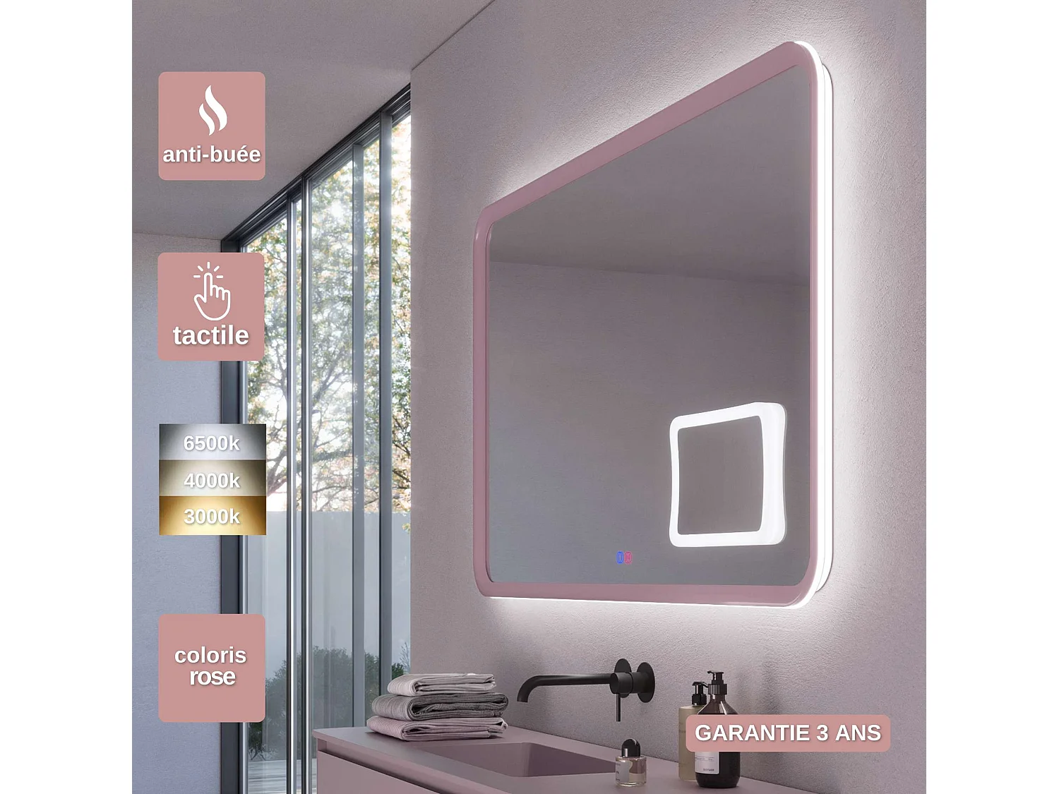 Miroir Led DUOMO Rose 80X80cm - T° Led Variable Rétro-éclairé & Frontal - Tactiles On/Off & Anti-Buée - Zone X3 - LEDIMEX