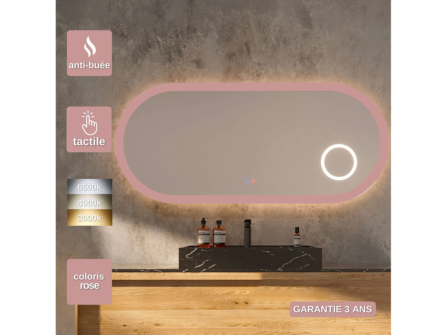 Miroir Led RIMINI Rose 120X55cm - T° Led Variable Rétro-éclairé & Frontal - Tactiles On/Off & Anti-Buée - Zone X3 - LEDIMEX