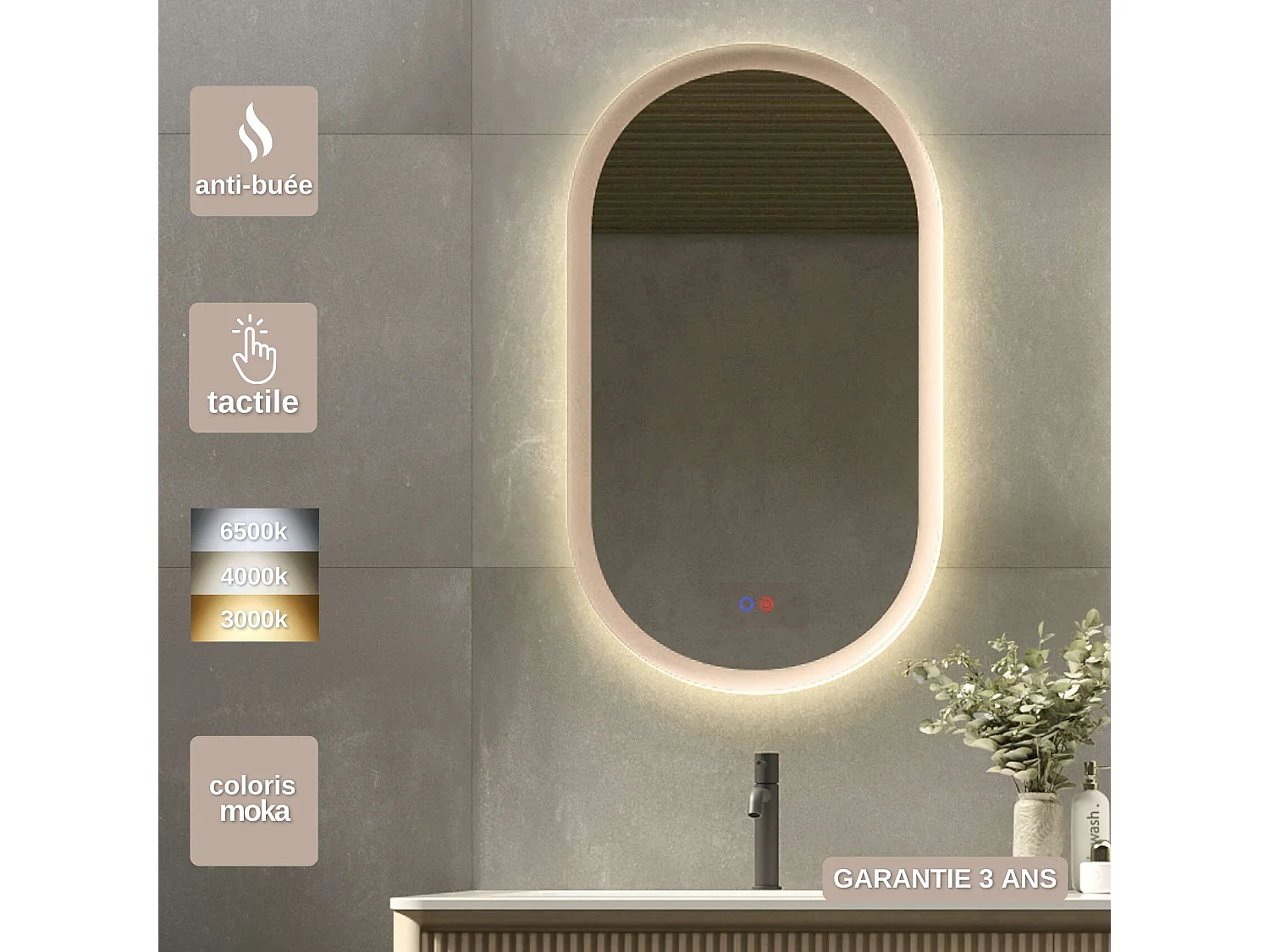 Miroir Salle de Bain MILANO Moka  50X90cm - Led T° Variable Rétro-éclairé & Frontal - Tactiles On/Off & Anti-Buée - LEDIMEX