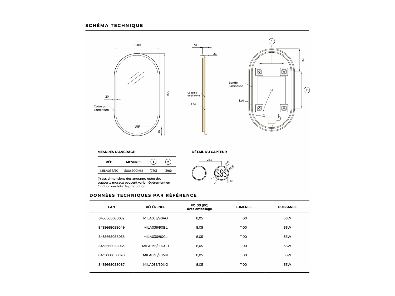 Miroir Salle de Bain MILANO Moka  50X90cm - Led T° Variable Rétro-éclairé & Frontal - Tactiles On/Off & Anti-Buée - LEDIMEX