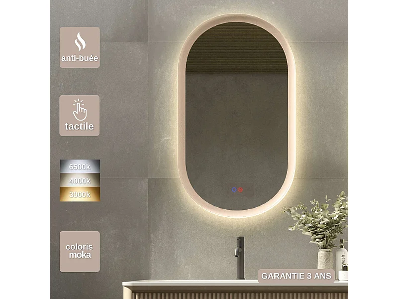 Miroir Salle de Bain MILANO Moka  50X90cm - Led T° Variable Rétro-éclairé & Frontal - Tactiles On/Off & Anti-Buée - LEDIMEX