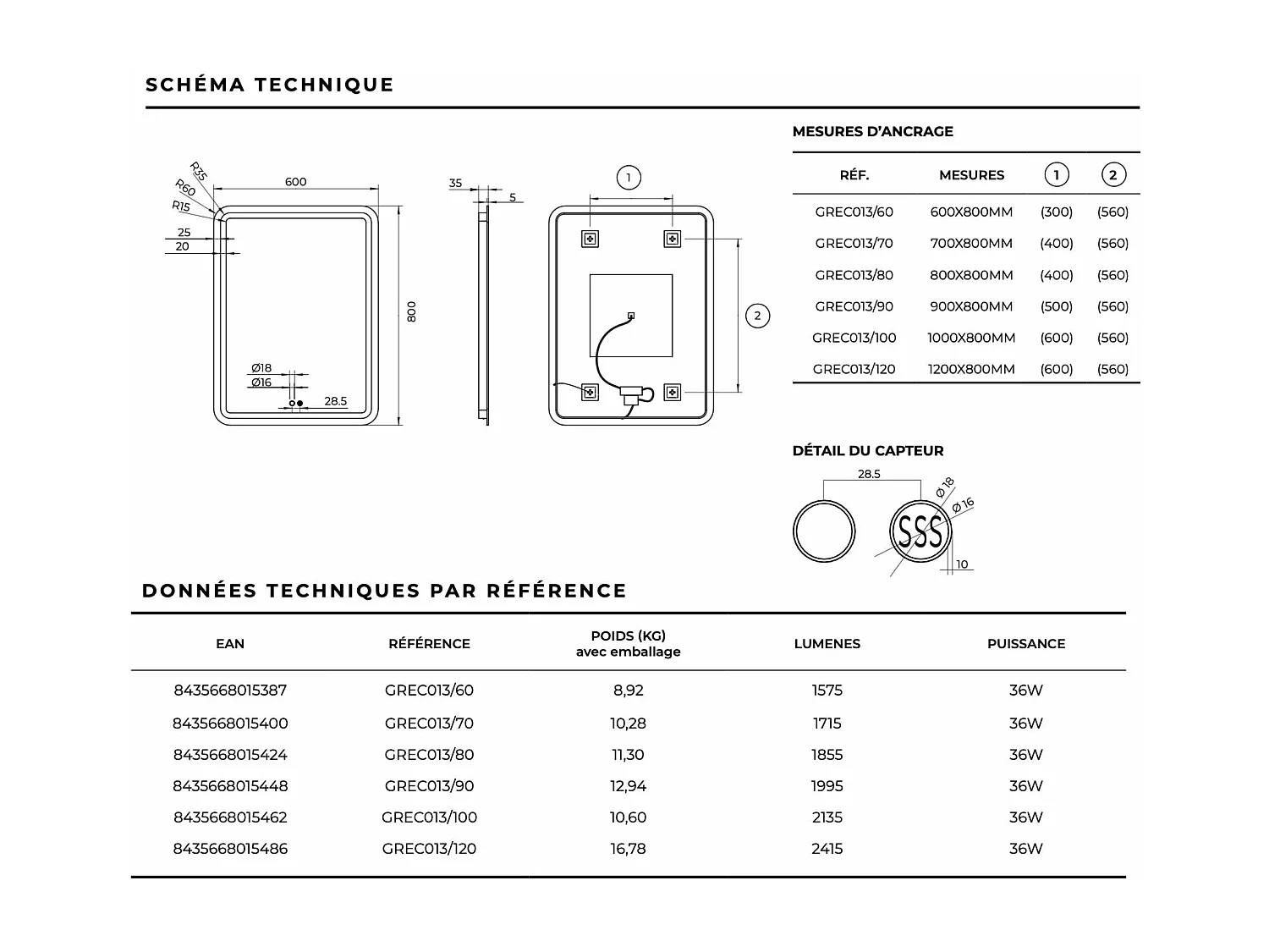 Miroir Salle de Bain GRECIA - 120x80cm - Led Rétro-éclairé & Diffusion Frontal - Tactiles On/Off & Anti-Buée - LEDIMEX