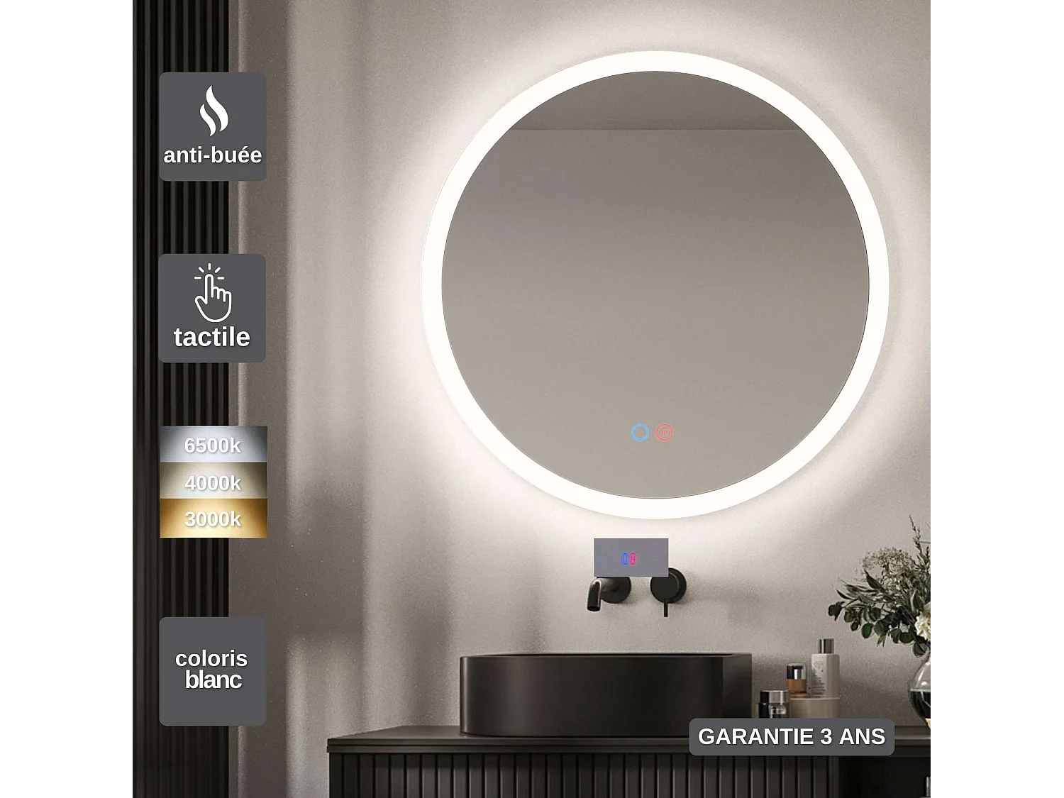 Miroir Salle de Bain TORINO Blanc Ø80cm - T° Led Variable Rétro-éclairé & Frontal - Tactiles On/Off & Anti-Buée - LEDIMEX