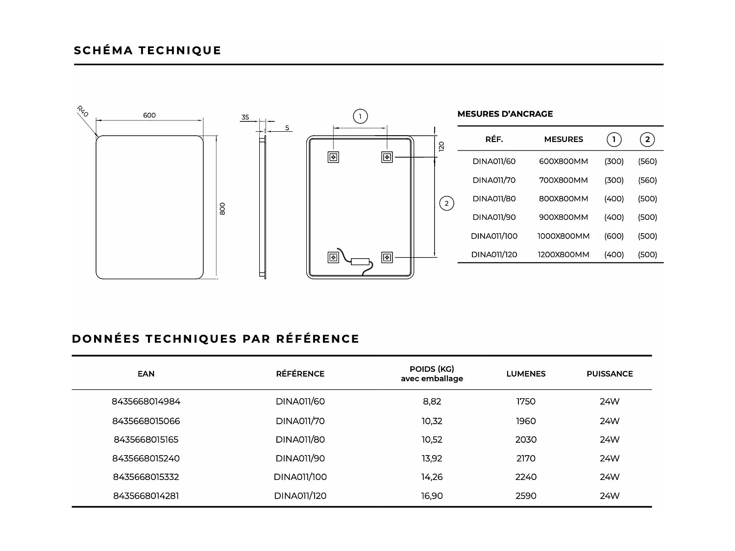 Miroir Salle de Bain DINAMARCA - 80x80cm - Led Rétro-éclairé (6500K) - LEDIMEX