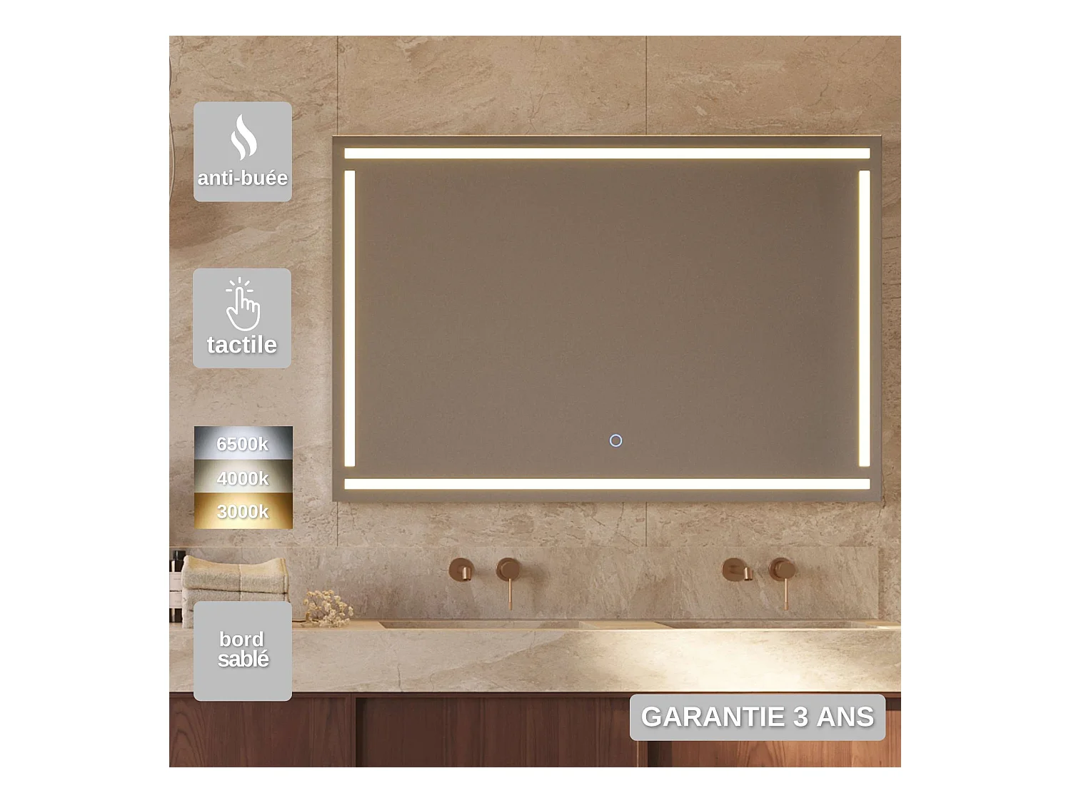 Miroir Salle de Bain VIENA - 100x80cm - Led Frontal T° Variable Frontal - Tactiles On/Off & Anti-Buée - LEDIMEX