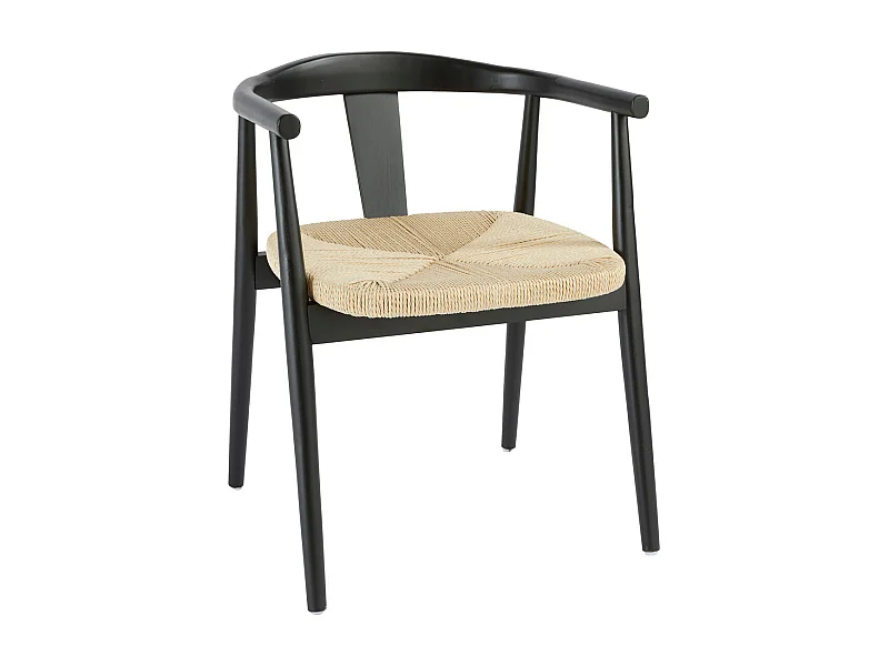 Chaise Fauteuil de table en Bois Noir et assise tressée Beige H 73 cm