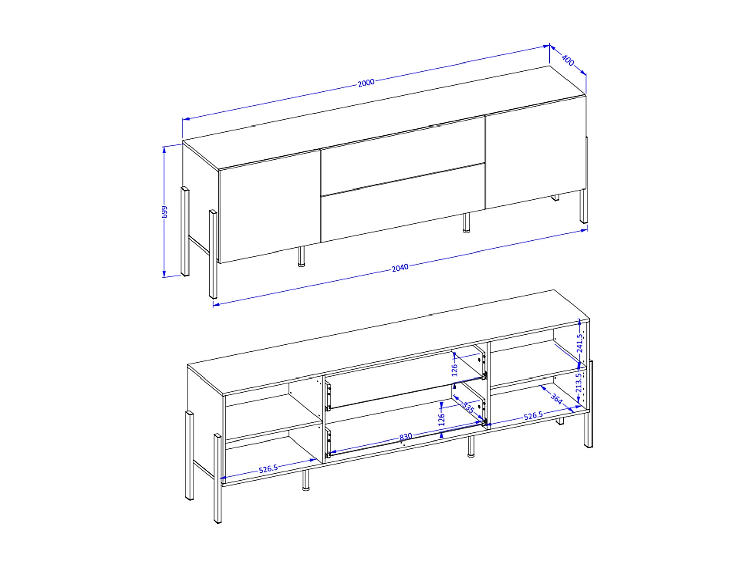 Meuble TV 2 portes 2 tiroirs 200 cm Bérénice Blanc