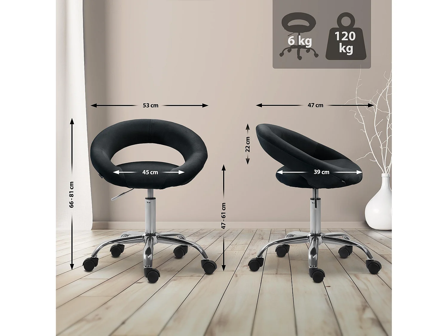 Tabouret de bureau - Velours - Noir - Olinda