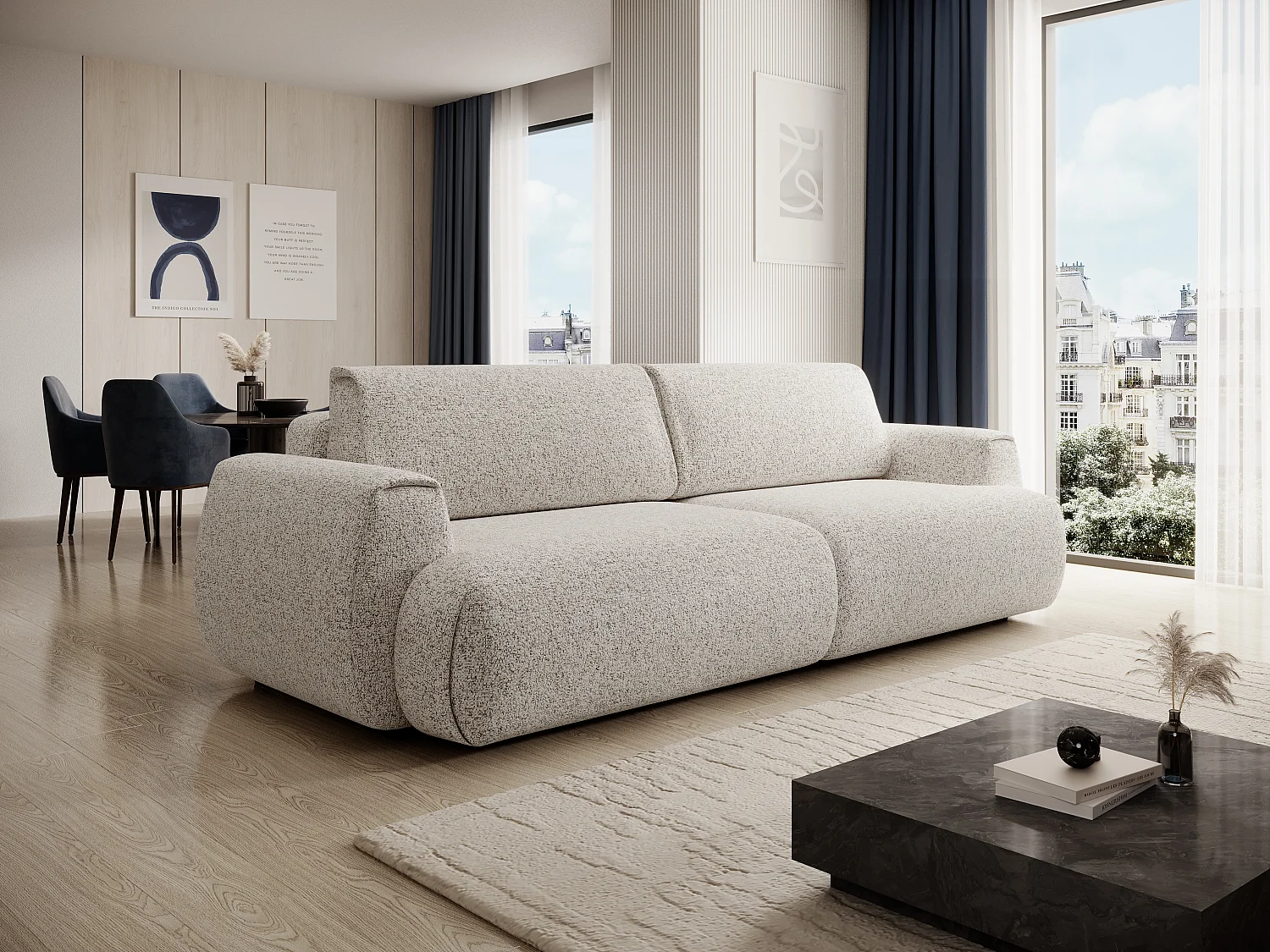 Sofa mit Schlaffunktion 4-Sitzer - melierter Stoff - Hellgrau - MONELIA