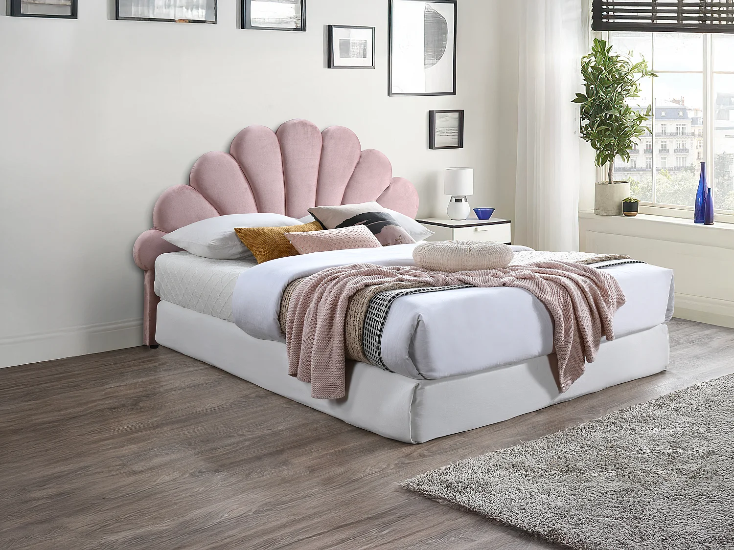 Tête de lit coquillage - 160 cm - Velours - Rose - MOANA