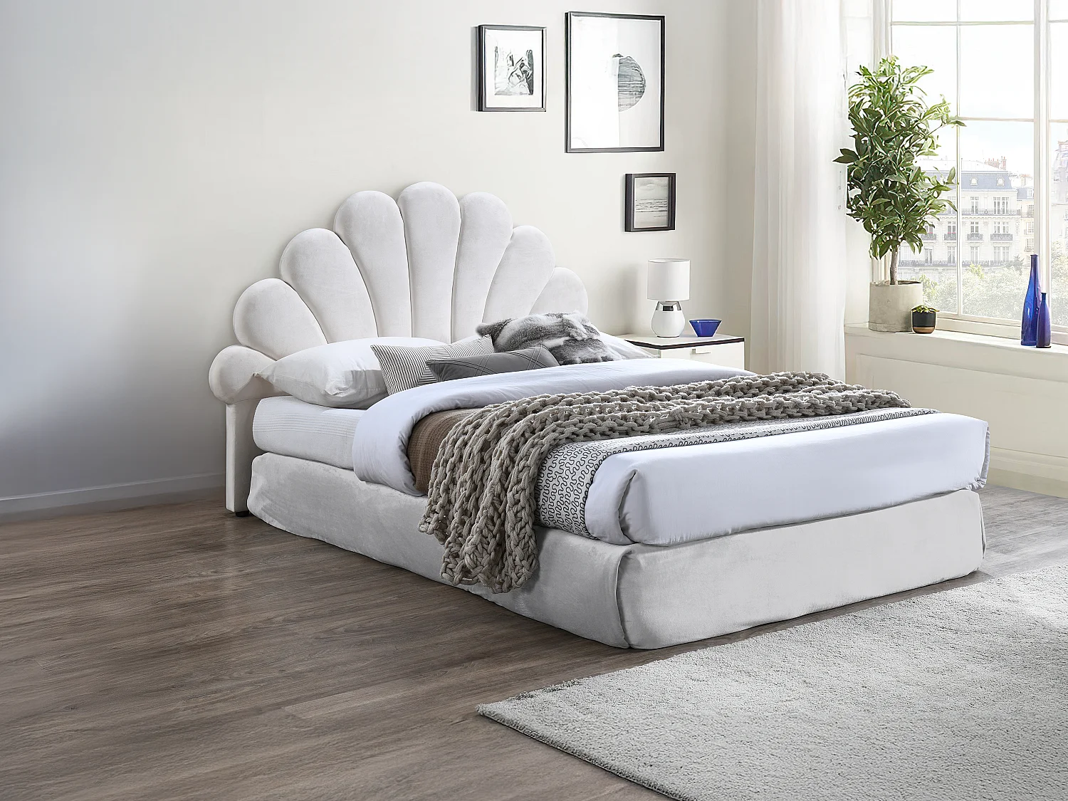 Tête de lit coquillage - 140 cm - Velours - Blanc - MOANA