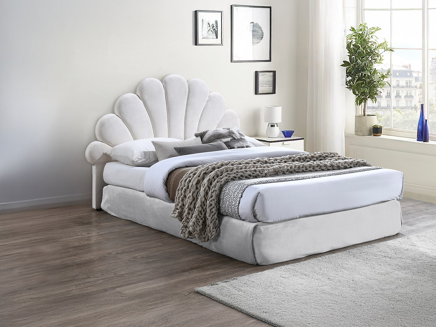 Vente-unique Muschel-Kopfteil - 160 Cm - Samt - Weiß - Moana