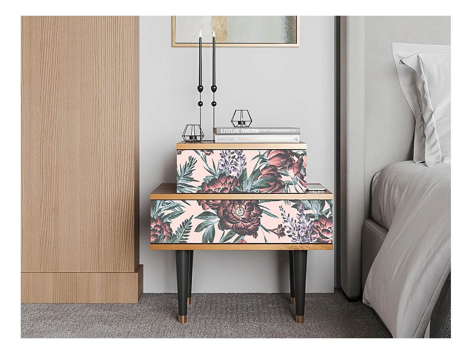 Table de nuit - 58х58х41 cm - NS1 - Peach Peonies, Noyer