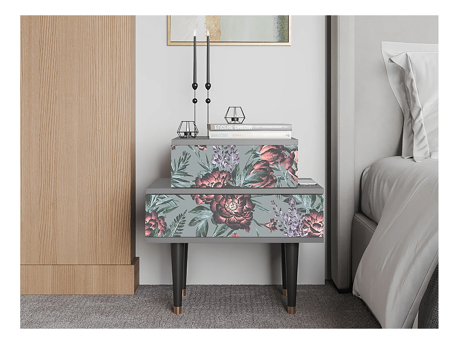 Table de nuit - 58х58х41 cm - NS1 - Light Peonies, Gris