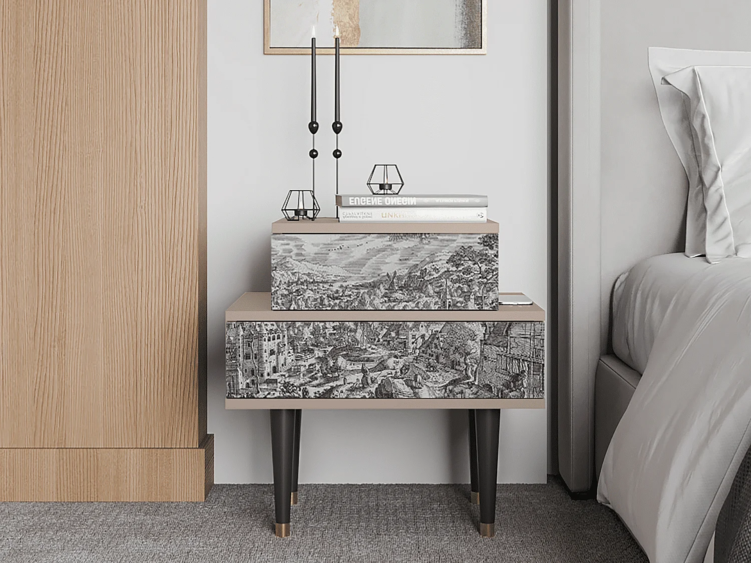 Stolik nocny - 58х58х41 cm - NS1 - Bird Dropping, Latte