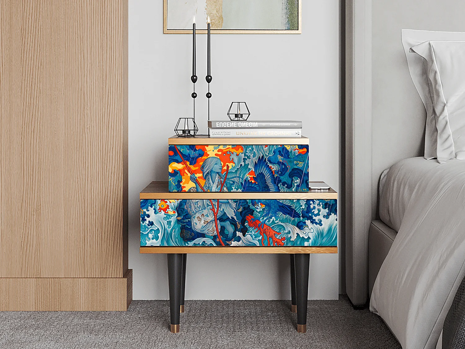 Stolik nocny - 58х58х41 cm - NS1 - The Girl - James Jean, Orzech