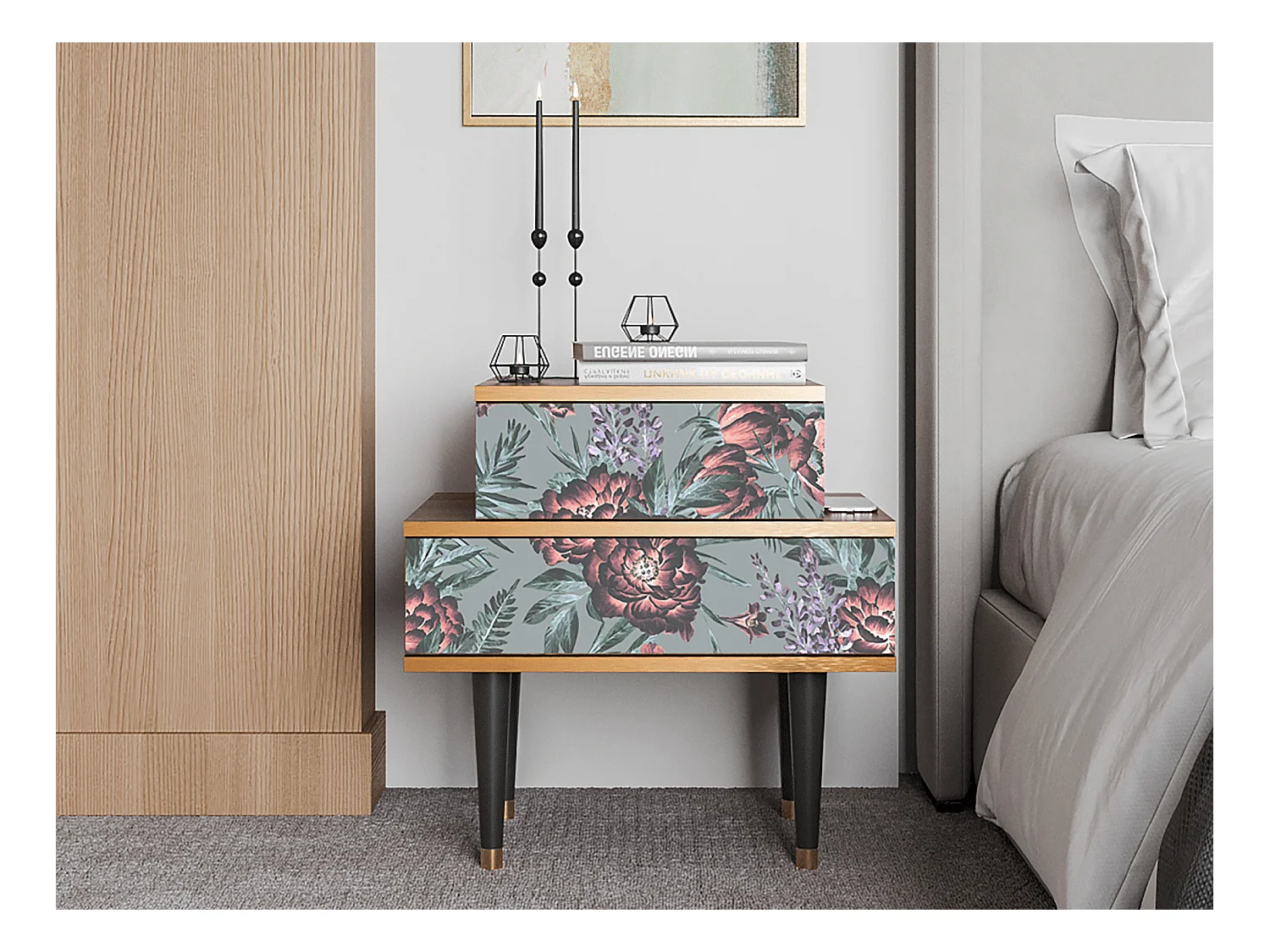 Table de nuit - 58х58х41 cm - NS1 - Light Peonies, Noyer
