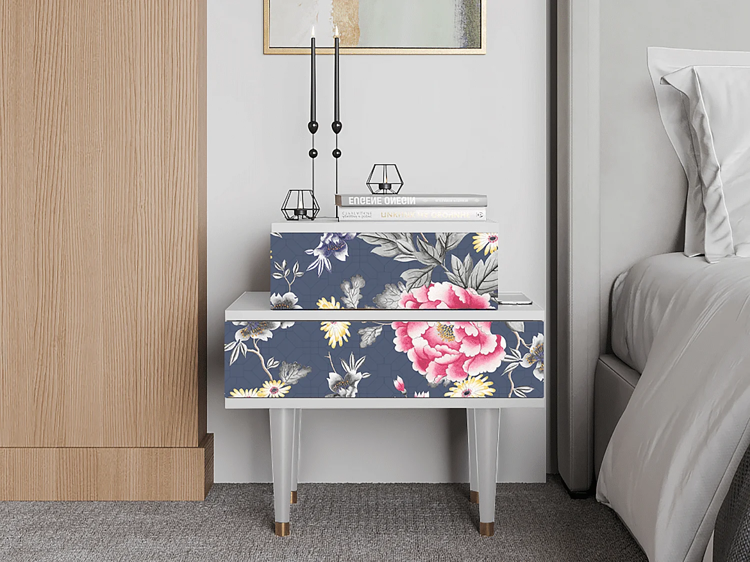 Nachtkastje - 58х58х41 cm - NS1 - Dark Flower Bed, Wit