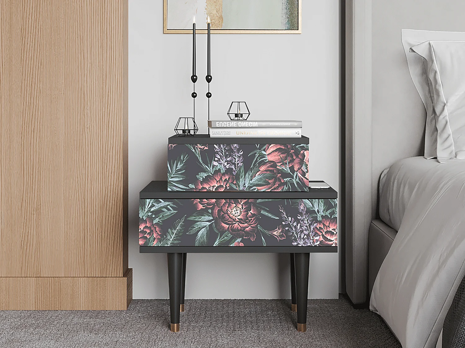 Table de nuit - 58х58х41 cm - NS1 - Dark Peonies, Anthracite