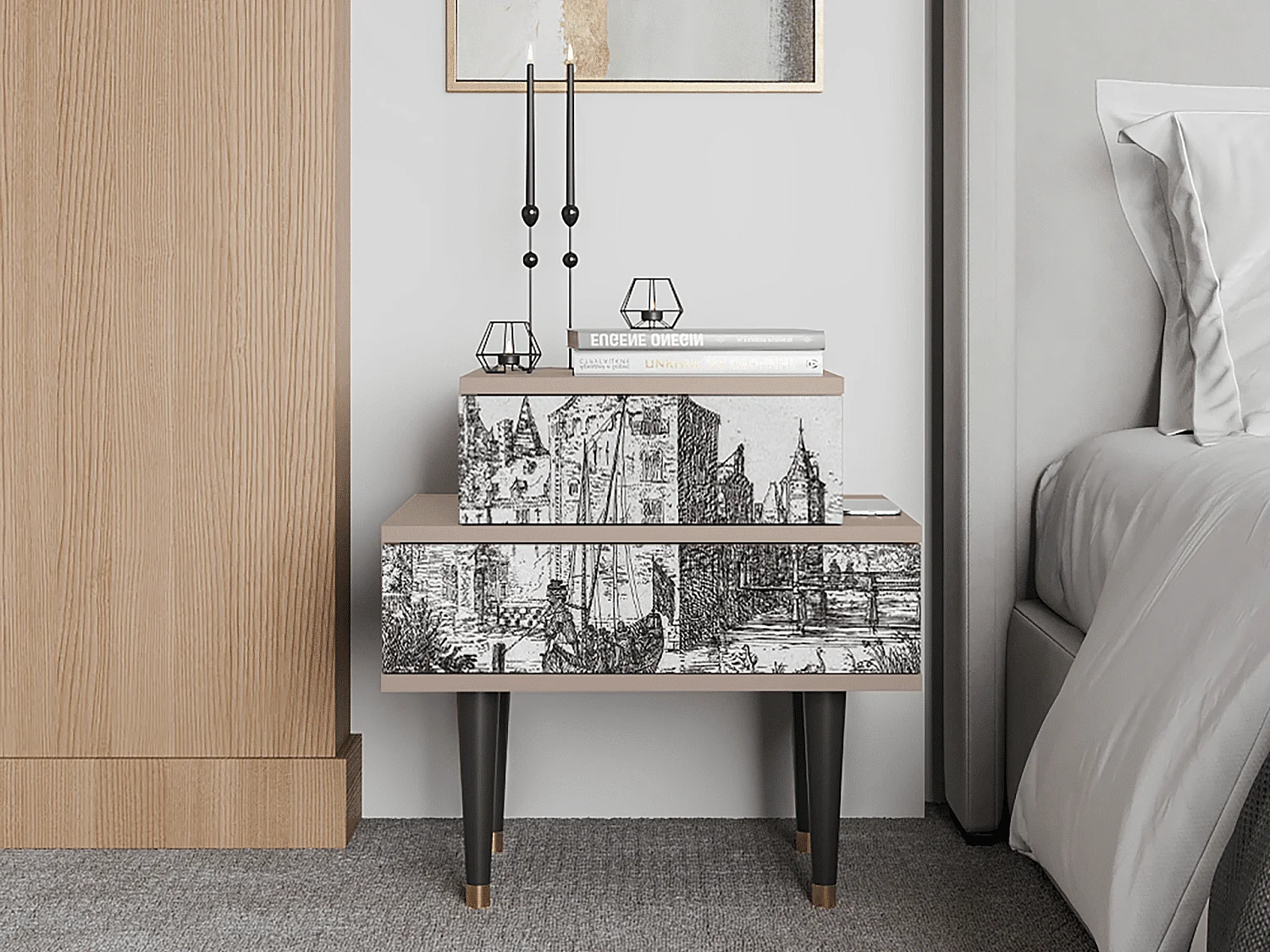 Nachtkastje - 58х58х41 cm - NS1 - Castle with Bridge, Latte