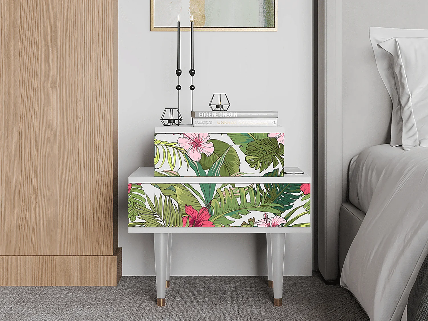 Nachtkastje - 58х58х41 cm - NS1 - Verdant Tropics, Wit