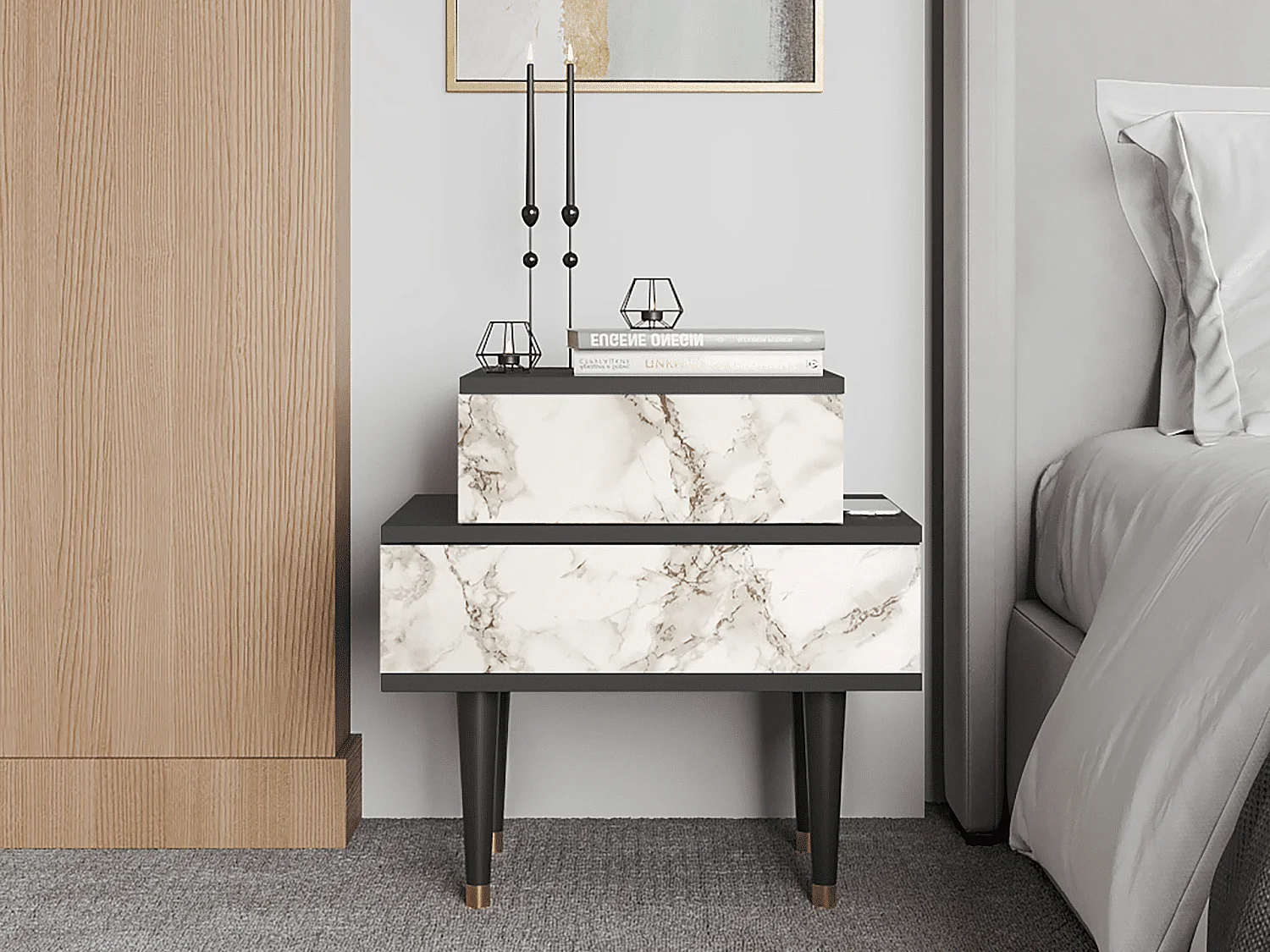 Table de nuit - 58х58х41 cm - NS1 - Milk Marble, Anthracite