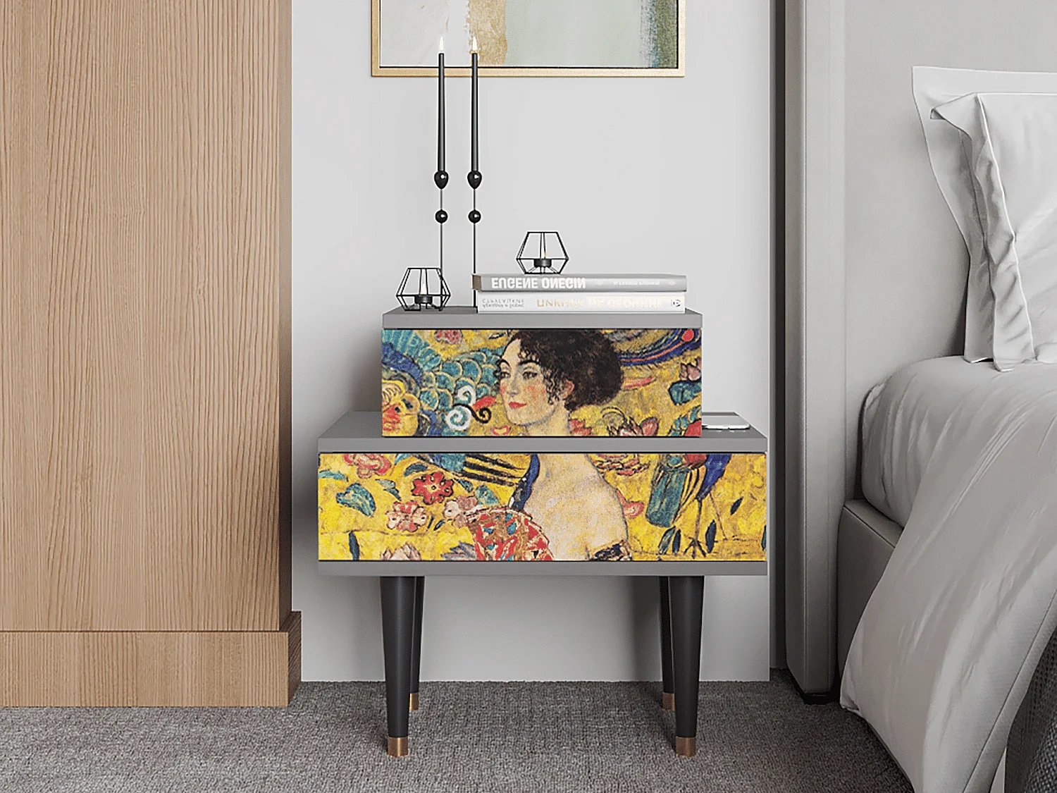 Table de nuit - 58х58х41 cm - NS1 - Lady with Fan by Klimt, Gris