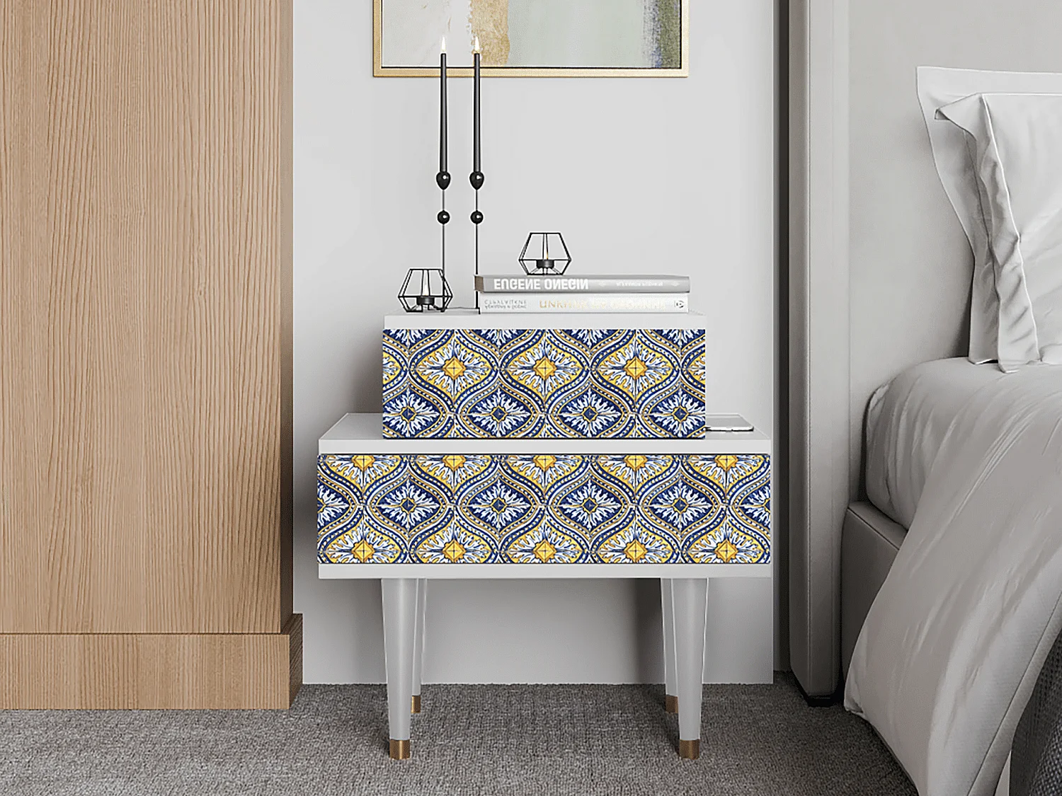 Stolik nocny - 58х58х41 cm - NS1 - Illusory Pattern, Biały