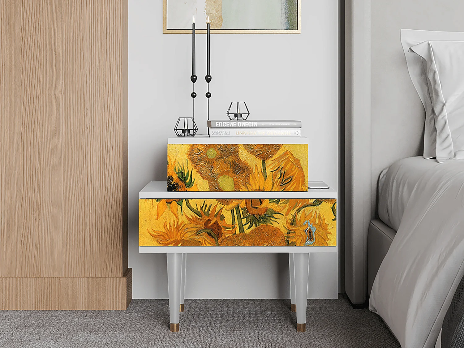 Stolik nocny - 58х58х41 cm - NS1 - Sunflowers, Biały