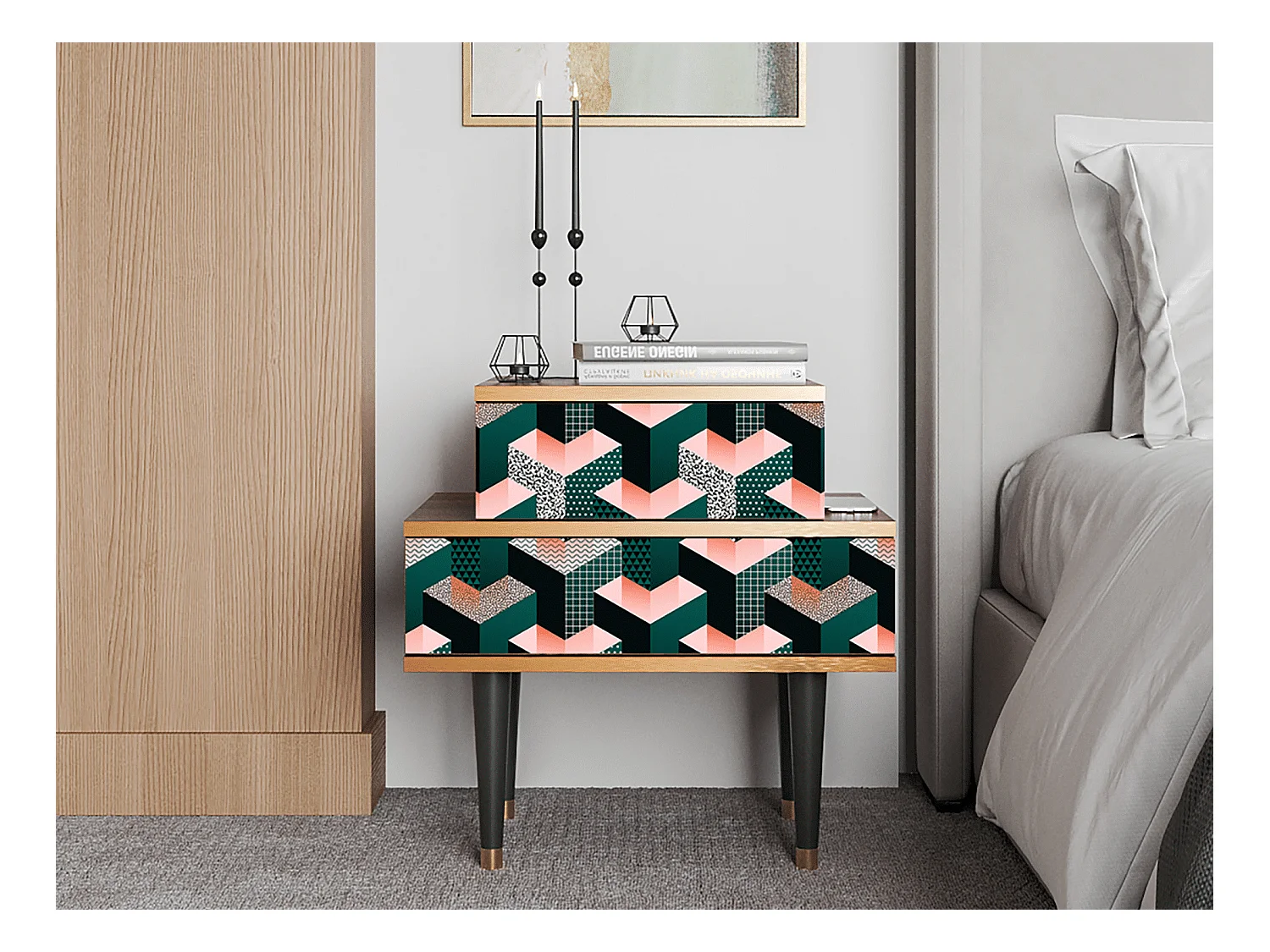 Table de nuit - 58х58х41 cm - NS1 - Geometric Madness, Noyer
