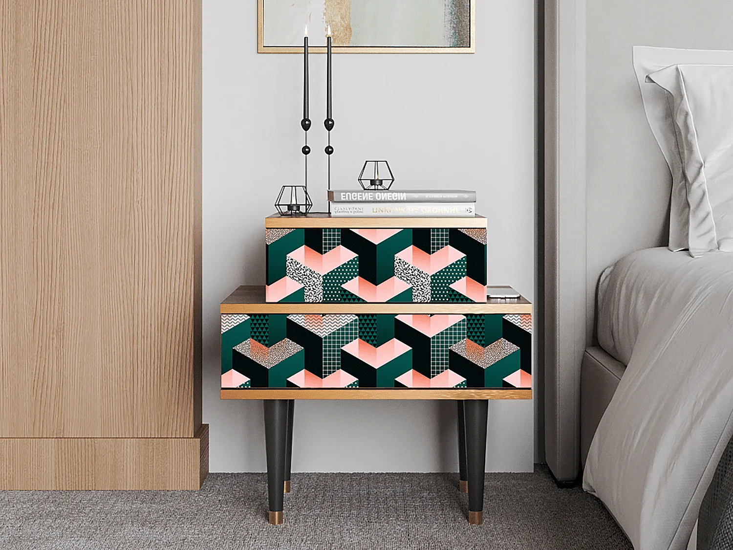 Table de nuit - 58х58х41 cm - NS1 - Geometric Madness, Noyer