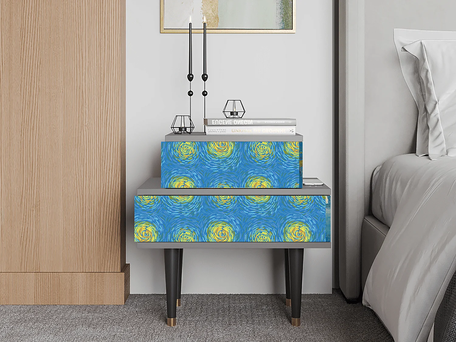 Stolik nocny - 58х58х41 cm - NS1 - Van Gogh Lights, Szary