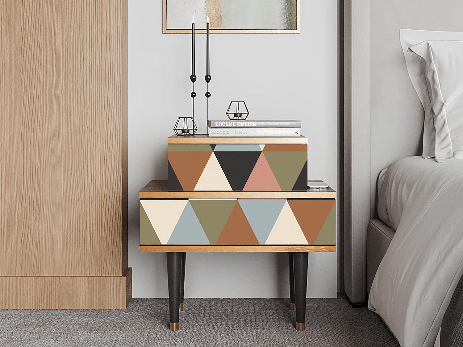 Stolik nocny - 58х58х41 cm - NS1 - Royal Triangles, Orzech