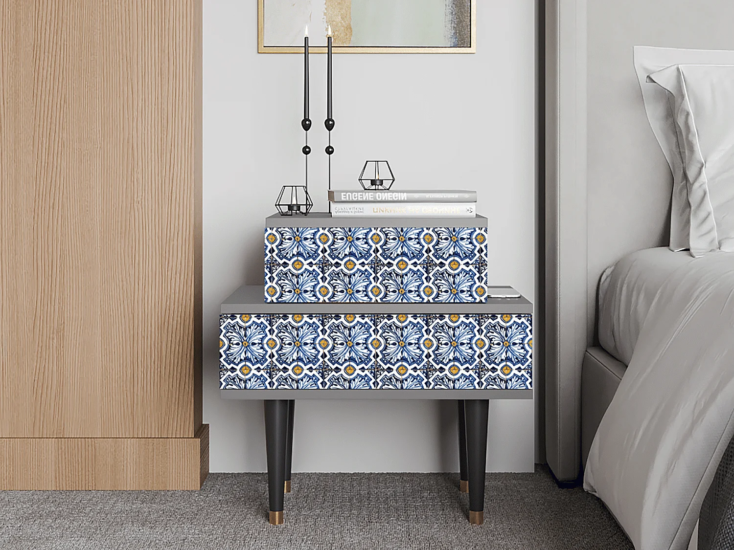 Stolik nocny - 58х58х41 cm - NS1 - Lovely Cornflowers, Szary