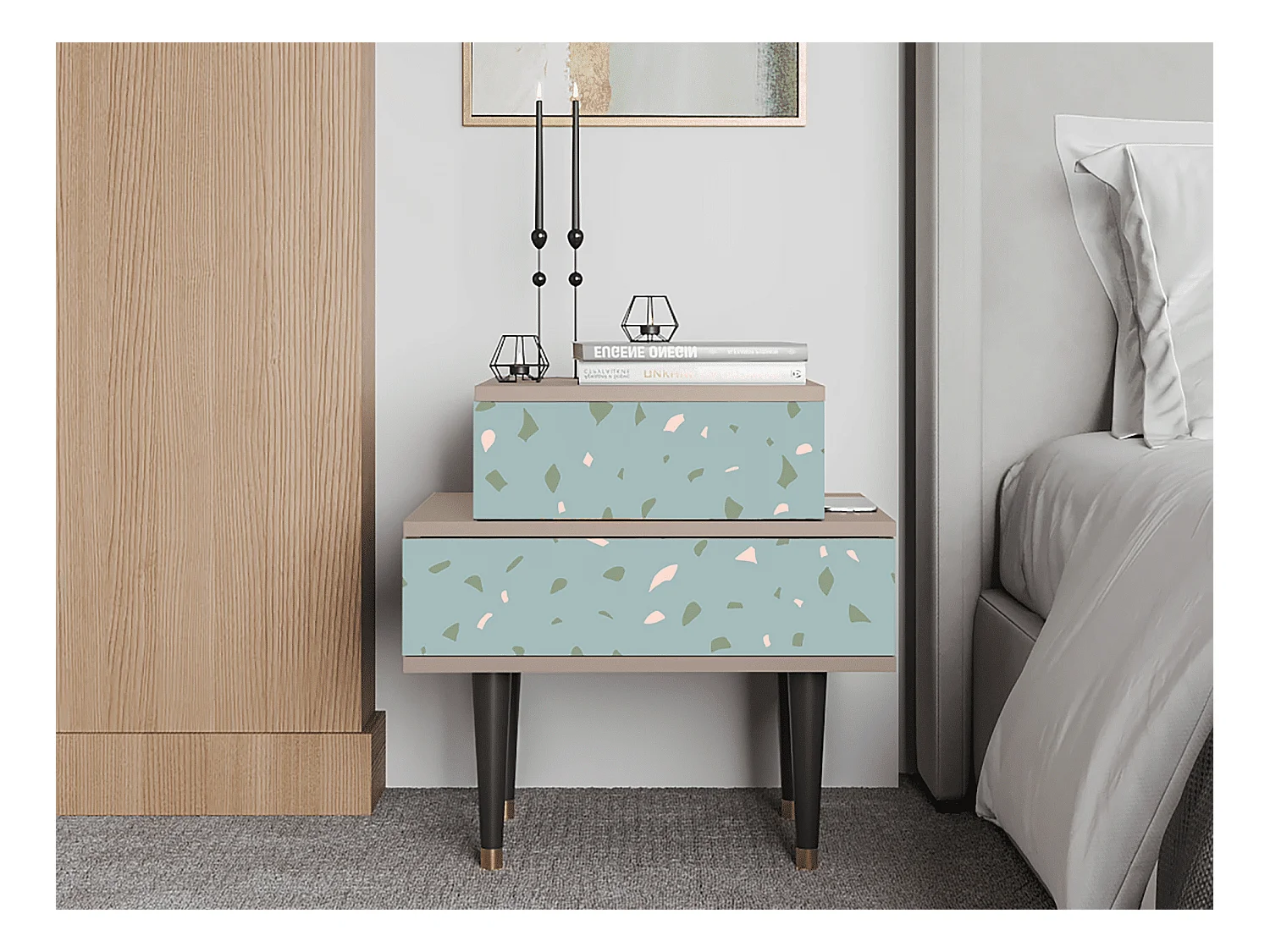 Stolik nocny - 58х58х41 cm - NS1 - Blue Drops, Latte