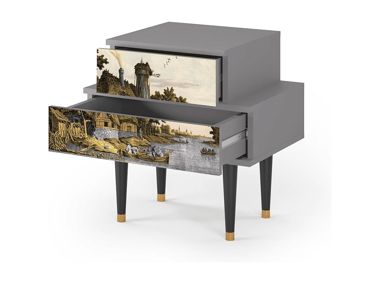 Nachtkastje - 58х58х41 cm - NS1 - Mill along a River, Grijs