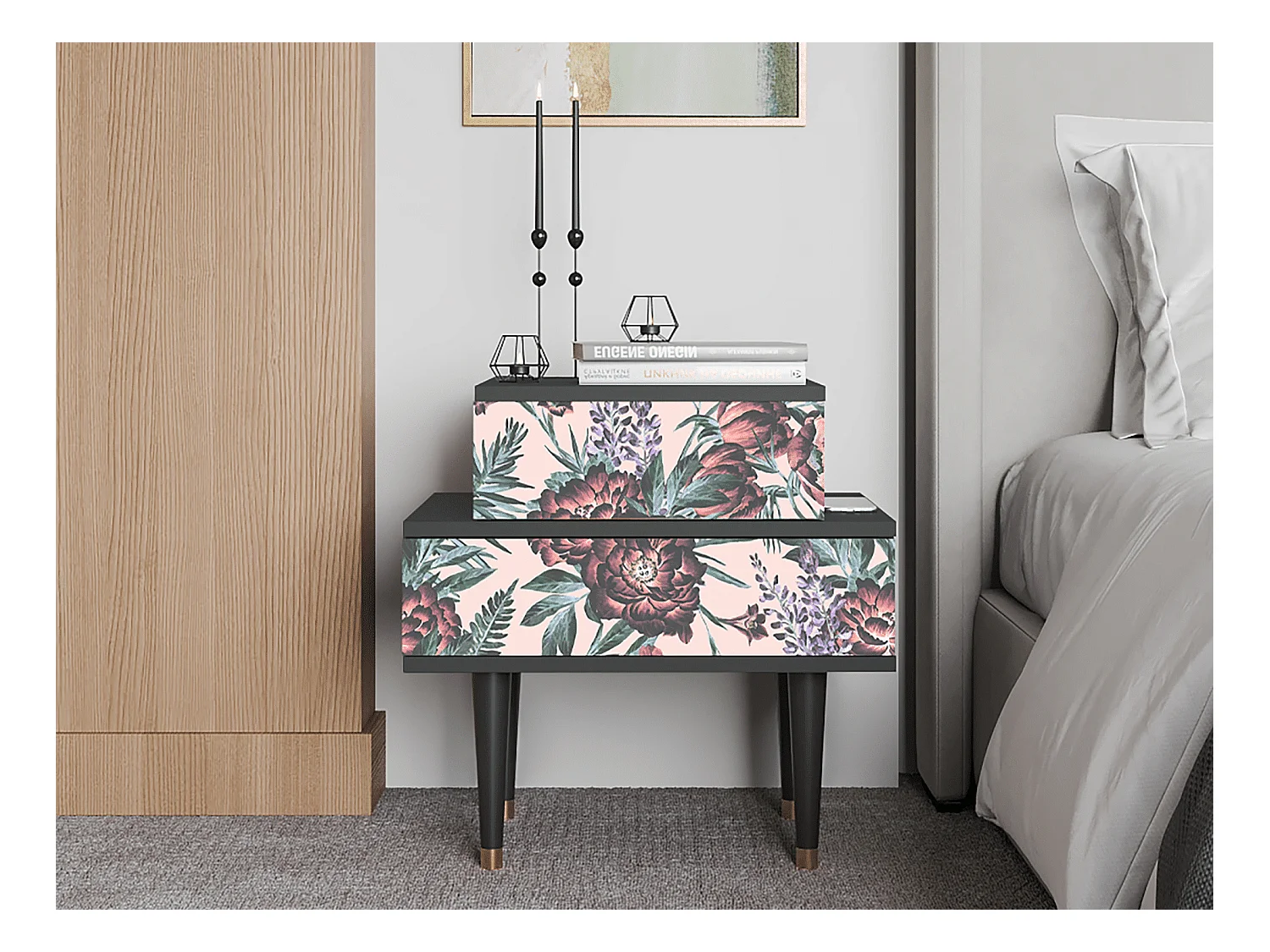 Table de nuit - 58х58х41 cm - NS1 - Peach Peonies, Anthracite