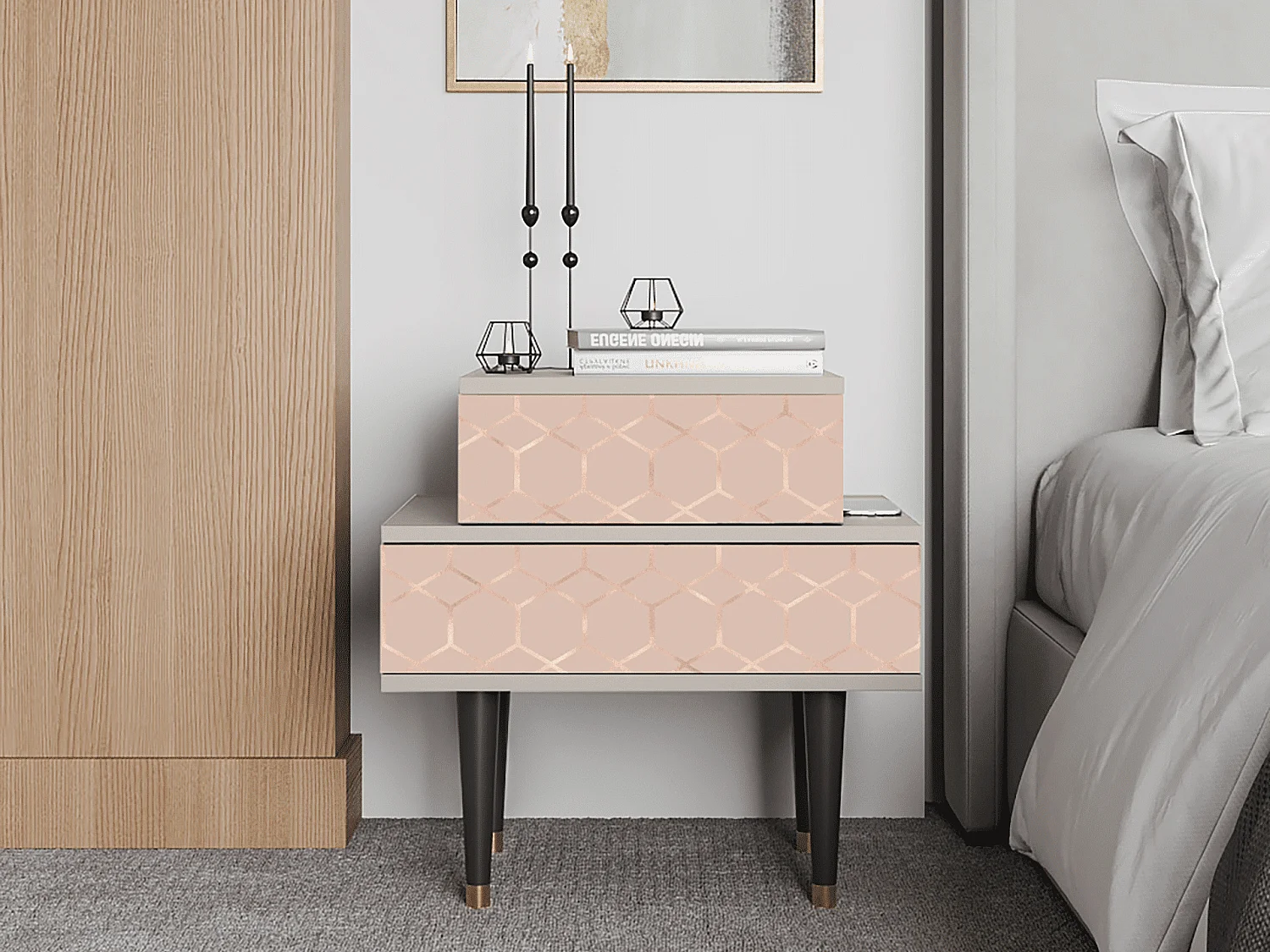 Stolik nocny - 58х58х41 cm - NS1 - Rose Honeycomb, Piaskowy