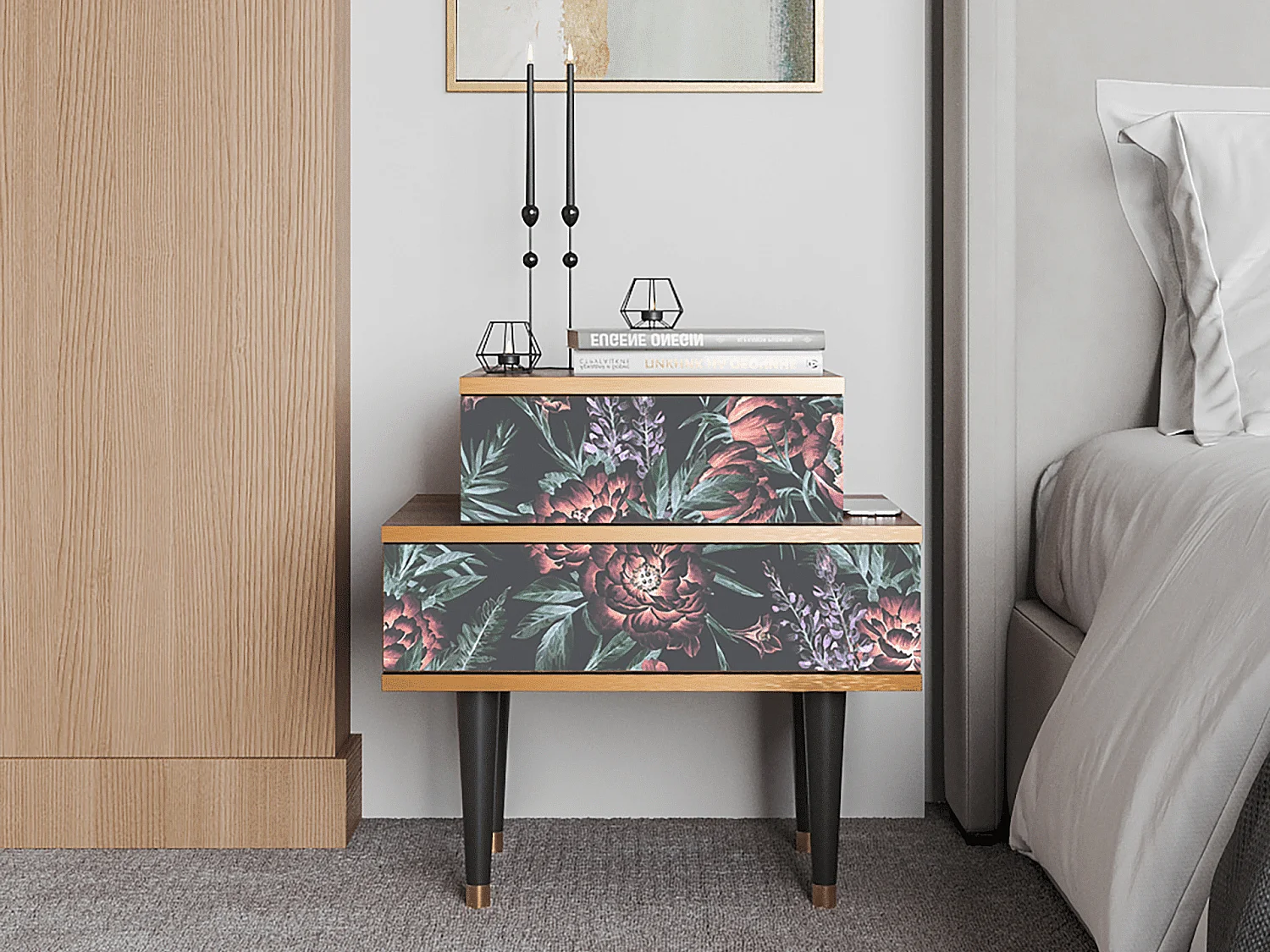 Stolik nocny - 58х58х41 cm - NS1 - Dark Peonies, Orzech